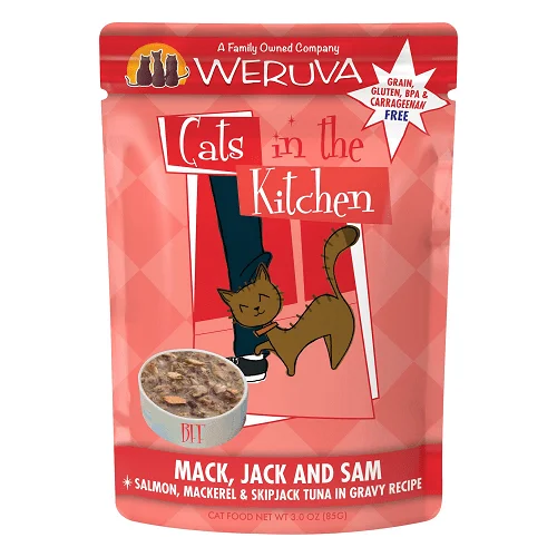 Cat Pouch - Cats in the Kitchen - Mack, Jack & Sam - Salmon, Mackerel & Skipjack Tuna in Gravy - 3 oz