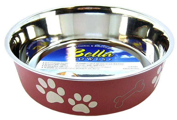 Loving Pets Stainless Steel & Merlot Dish with Rubber Base - Large - 8.5" Diameter