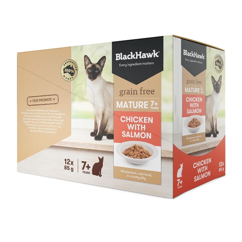 Pack of BLACK HAWK FELINE MATURE CHICKEN & SALMON 85GX12