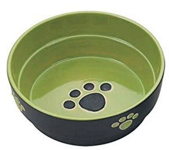 Spot Ceramic Black and Green Fresco Paw Print 5" Dog Dish - 3 count